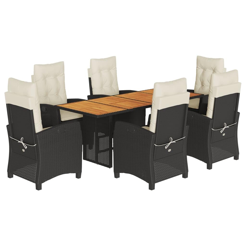 vidaXL - 7 Piece Patio Dining Set with Cushions Black Poly Rattan - Outdoor/Garden/Backyard Adjustable Reclining Chairs and Acacia Wood Table - Weather-Resistant