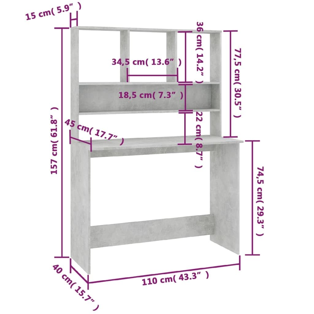 vidaXL Engineered Wood Desk with Shelves - Space-Saving Vertical Design - Concrete Gray - Ideal for Small Offices and Dorm Spaces - Size: 43.3"x17.7"x61.8"
