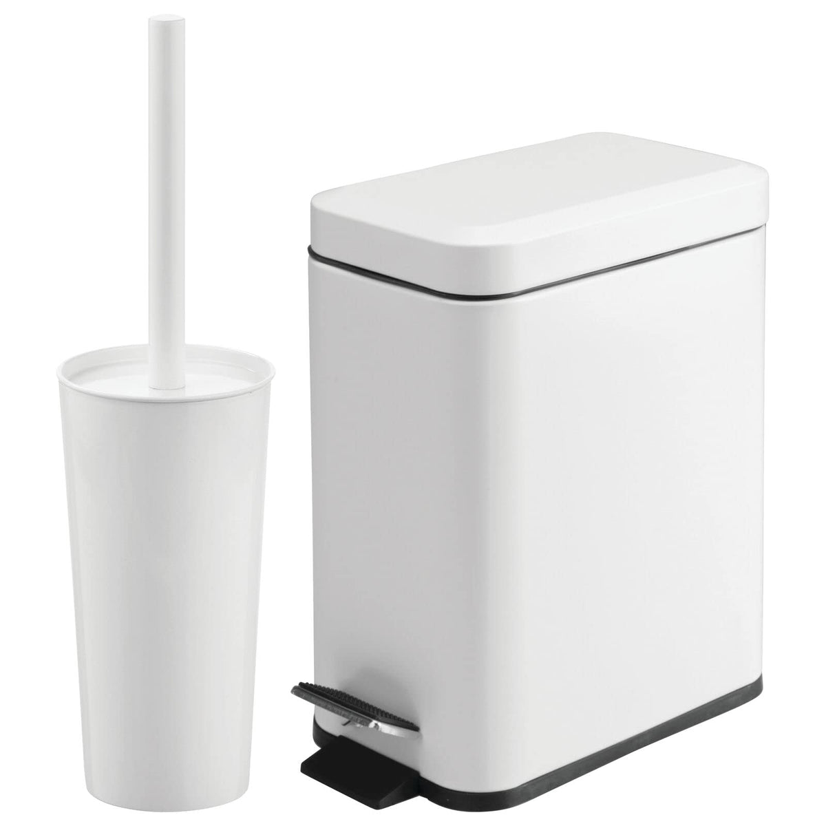mDesign Metal Freestanding Slim Toilet Bowl Brush and Holder + Rectangle Narrow 5 Liter / 1.3 Gallon Step Pedal Trash Can Wasteb