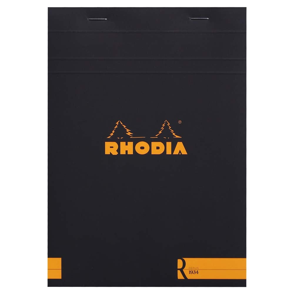 Rhodia 162012C - Stapled Notepad 'Le R' No. 16 Black - A5 - Lined - 70 Detachable Sheets - Ivory Clairefontaine Paper 90 G/M -