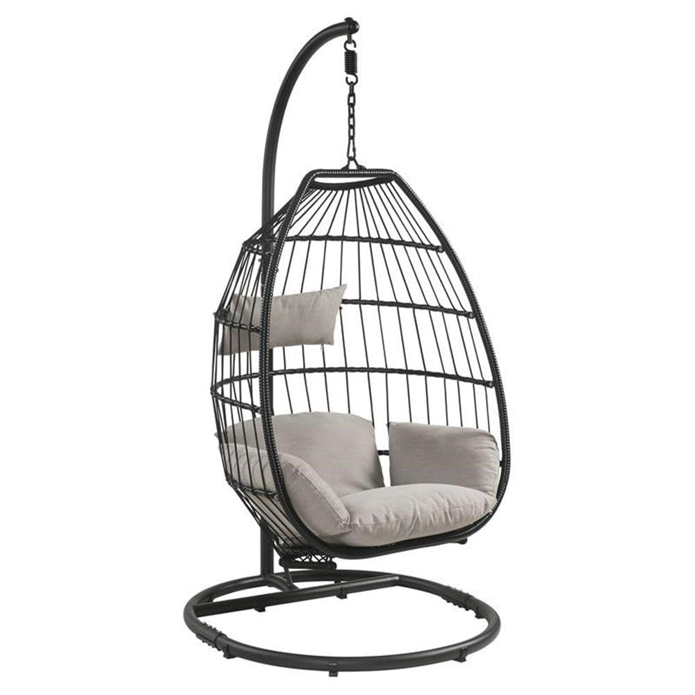 Acme Oldi Wicker Patio Hanging Chair with Metal Stand in Beige and Black