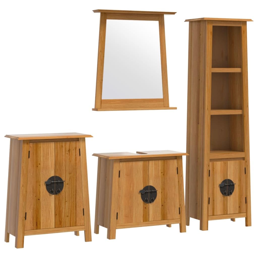 vidaXL Bathroom Vanity Set - Solid Wood Pine Retro Style Sink/Tall/Side Cabinets with Ample Storage & Non-Distorted Mirror, Brown