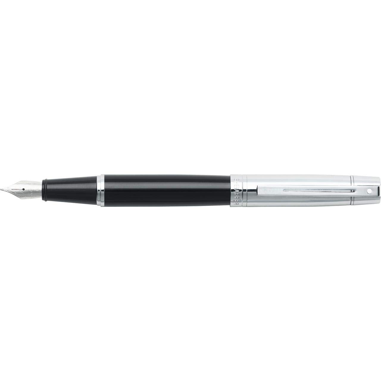 Sheaffer 300 Glossy Black Fountain Pen With Bright Chrome Cap, Chrome-Plated Trim, And Medium Nib