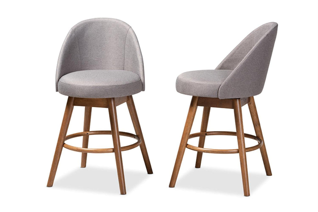 Baxton Studio Carra Mid-Century Modern Grey Fabric Upholstered Walnut-Finished Wood Swivel Counter Stool (Set of 2)