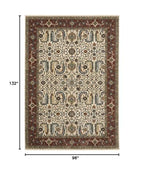 HomeRoots 507987 8 x 11 ft. Ivory Red Green Gray Blue & Navy Oriental Power Loom Stain Resistant Rectangle Area Rug with Fringe