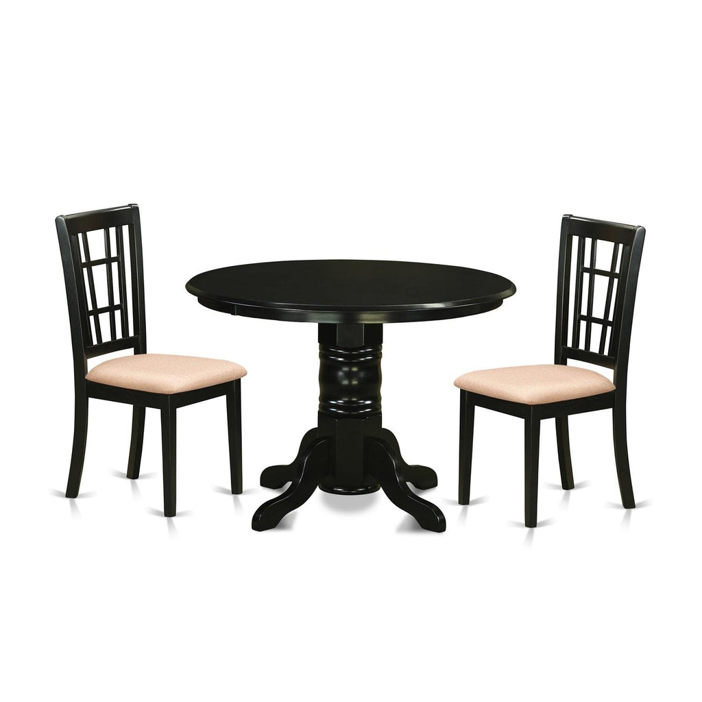 East West Furniture SHNI3-BLK-C 3 Piece Dining Table Set for Small Spaces Contains a Round Kitchen Table with Pedestal and 2 Linen Fabric Upholstered Chairs, 42x42 Inch, Black