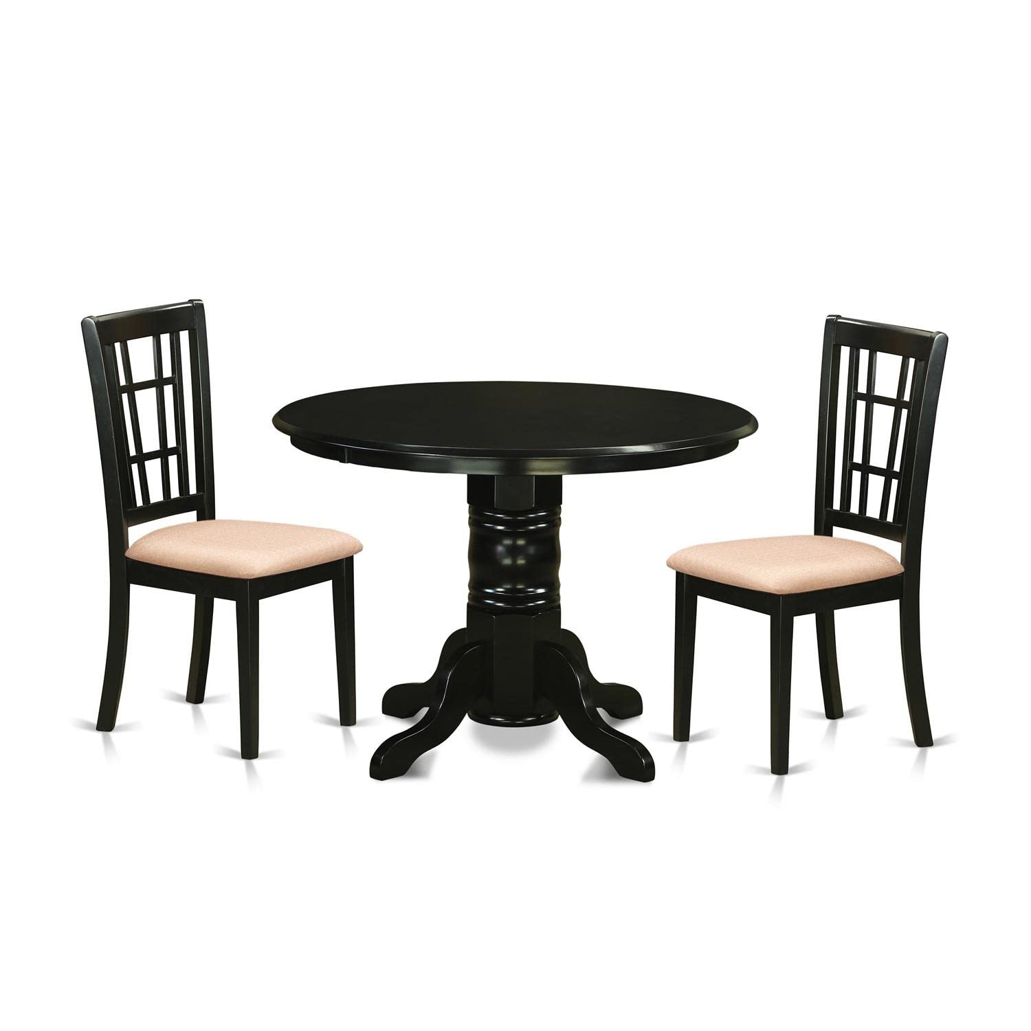East West Furniture SHNI3-BLK-C 3 Piece Dining Table Set for Small Spaces Contains a Round Kitchen Table with Pedestal and 2 Linen Fabric Upholstered Chairs, 42x42 Inch, Black