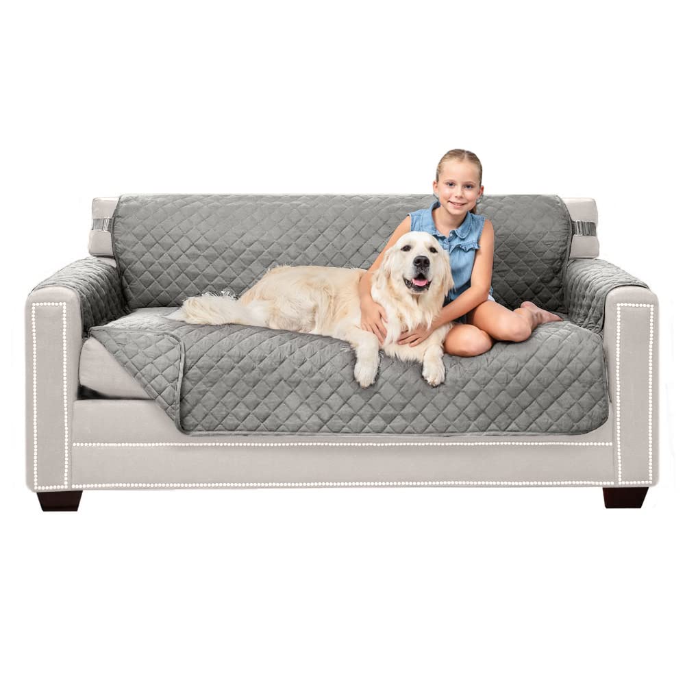 Sofa Shield Patented Couch Cover, Large Furniture Protector With Straps, Reversible Tear And Stain Resistant Slipcovers, Quilted Microfiber 62” Seat, Washable Covers For Dogs, Kids, Light Gray