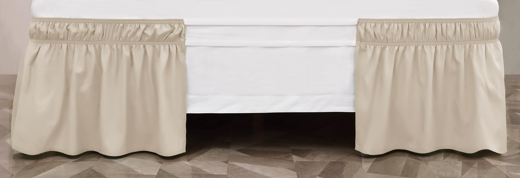 Toodou Easy To Install Wrap Around Bed Skirt Three Fabric Sides Elastic Dust Ruffled 16 Inch Tailored Drop, Fade Resistant-Beige