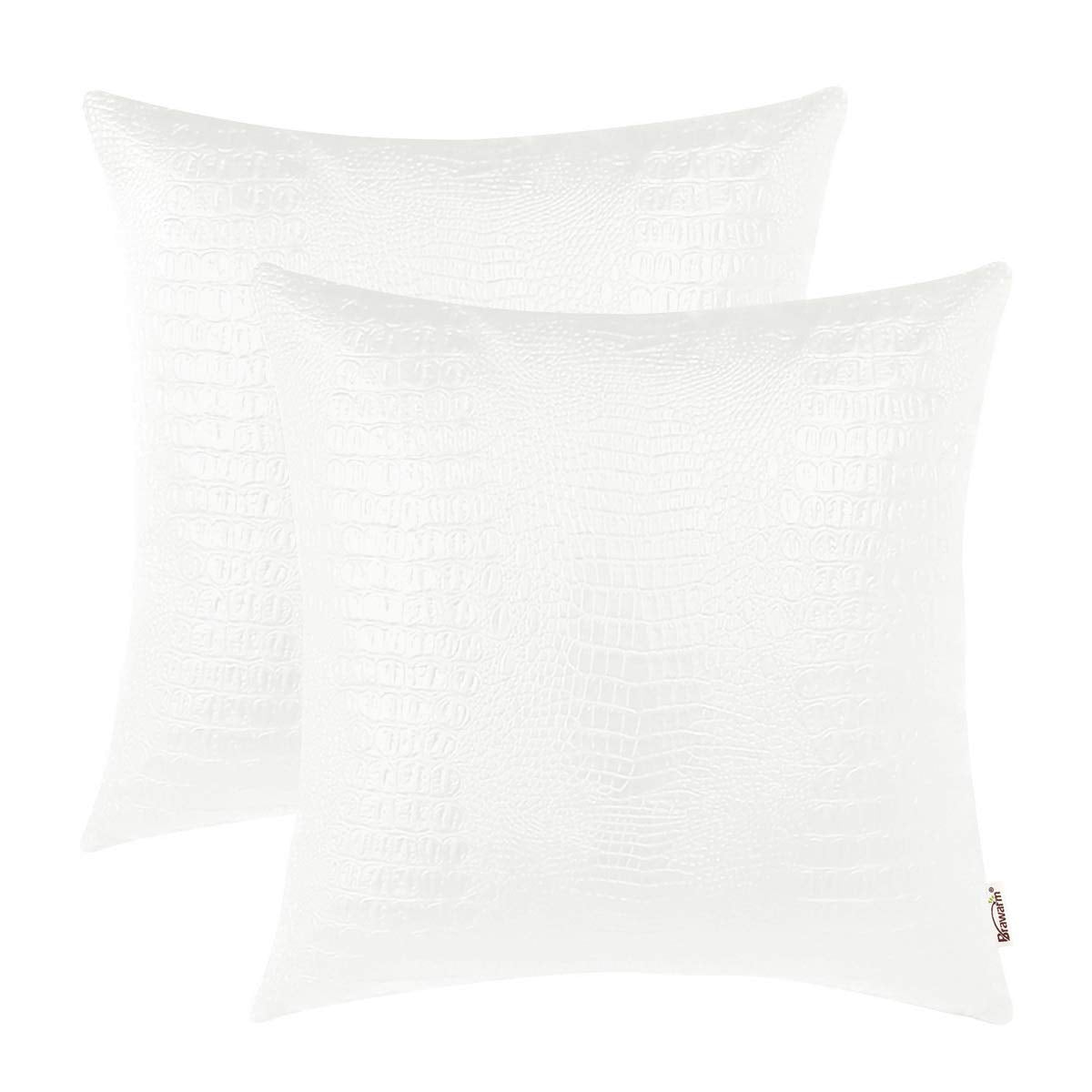 Brawarm Faux Leather Pillow Covers 22 X 22 Inches, White Leather Pillow Covers Pack Of 2, Crocodile Leather Decorative Throw Pil