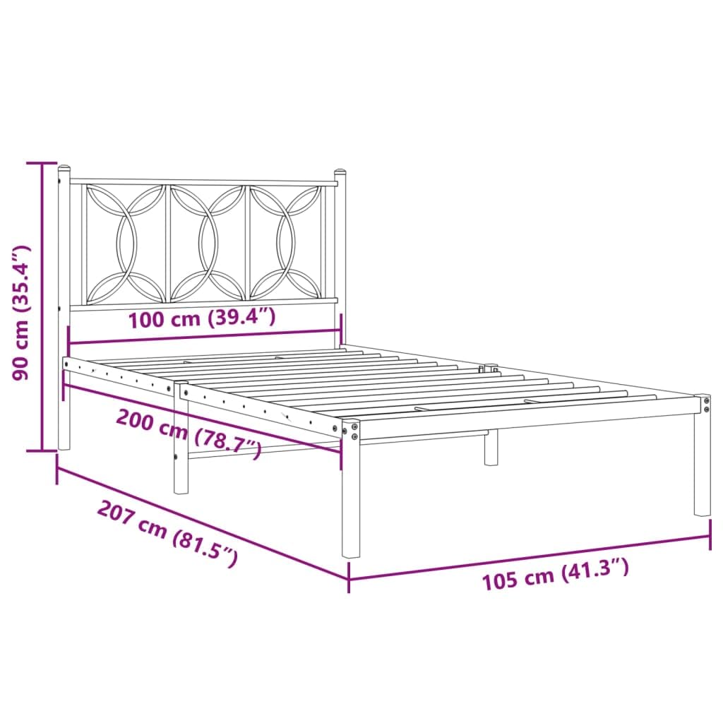 vidaXL White Metal Bed Frame with Headboard – Single Bed Frame with Storage Space, Steel Slats and Legs, 81.5 x 41.3 x 35.4