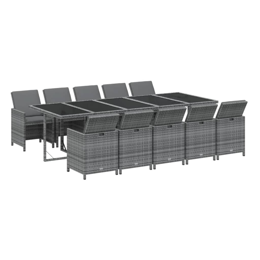 vidaXL Patio Dining Set 11 Piece with Cushions Garden Outdoor Lawn Yard Terrace Balcony Table and Chair Seat Seating Furniture Poly Rattan Gray