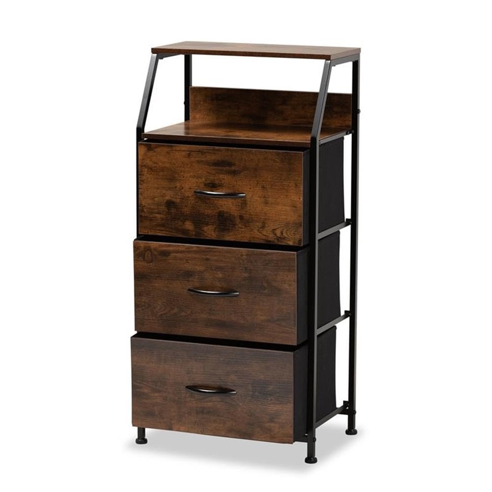 Baxton Studio Jacop Modern Industrial Walnut Brown Finished Wood and Black Metal 3-Drawer Storage Cabinet