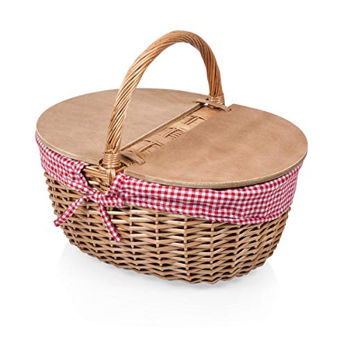 Picnic Time - Country Vintage Picnic Basket With Lid - Wicker Picnic Basket For 2, (Red & White Gingham Pattern)