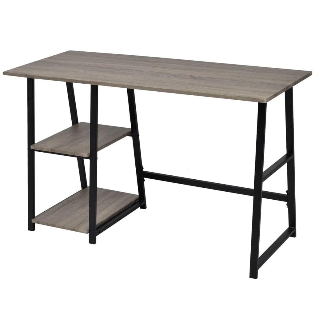 vidaXL-Sturdy Office Desk in Gray and Oak with Space-saving Design, Made from Durable MDF and Steel Frame, with Built-in 2-layer Storage Shelf