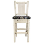 Montana Woodworks Homestead Collection Barstool w/Back - Woodland Upholstery, w/Laser Engraved Bear Design, Ready to Finish