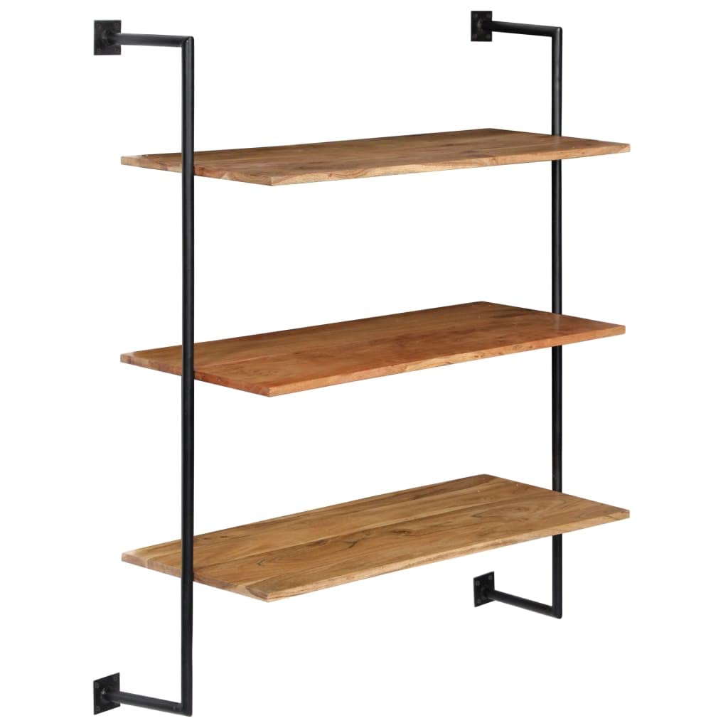 vidaXL Wall Shelf: Solid Acacia Wood Book Shelf, Handmade with Refined Wood Grains, 3-Shelf Storage, Iron Reinforced, Polished & Lacquered, Industrial Aesthetic, 37&quot;x13.7&quot;x44.4&quot;