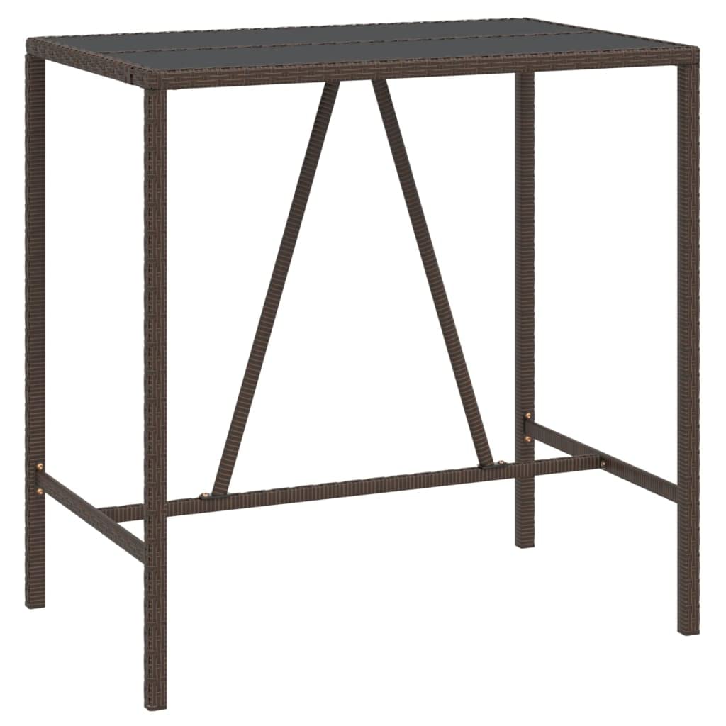 vidaXL Outdoor Bar Table with Glass Top, Brown Poly Rattan, Powder-Coated Steel Frame, Tempered Black Glass, Weather-Resistant - 43.3"x27.6"x43.3"