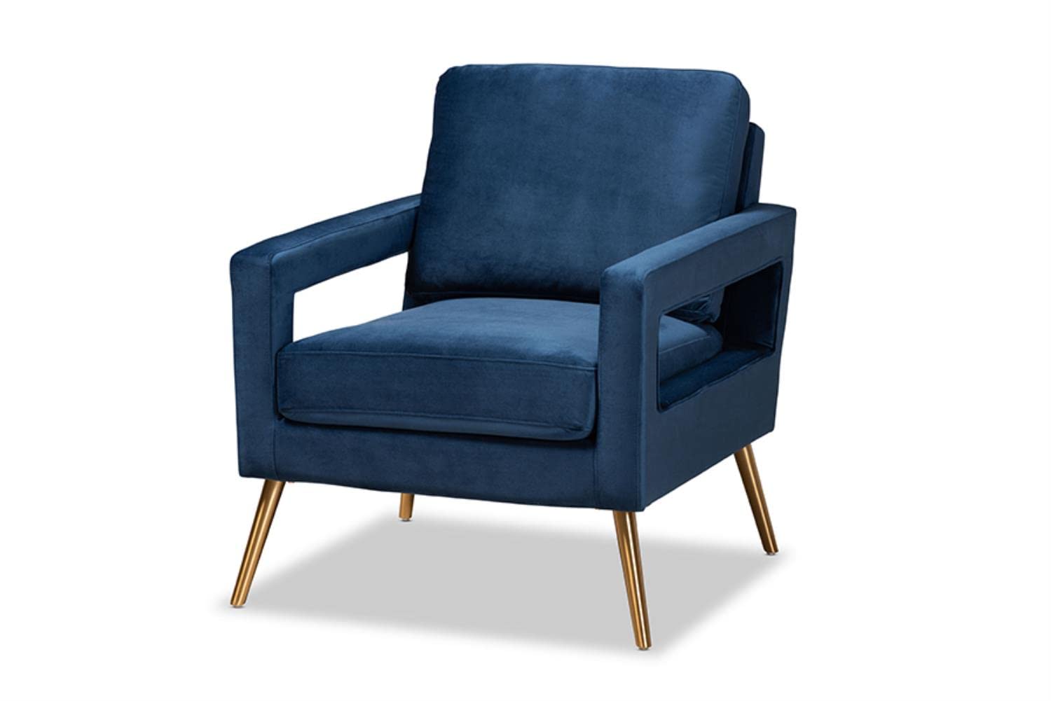 Baxton Studio Leland Glam and Luxe Navy Blue Velvet Fabric Upholstered and Gold Finished Armchair