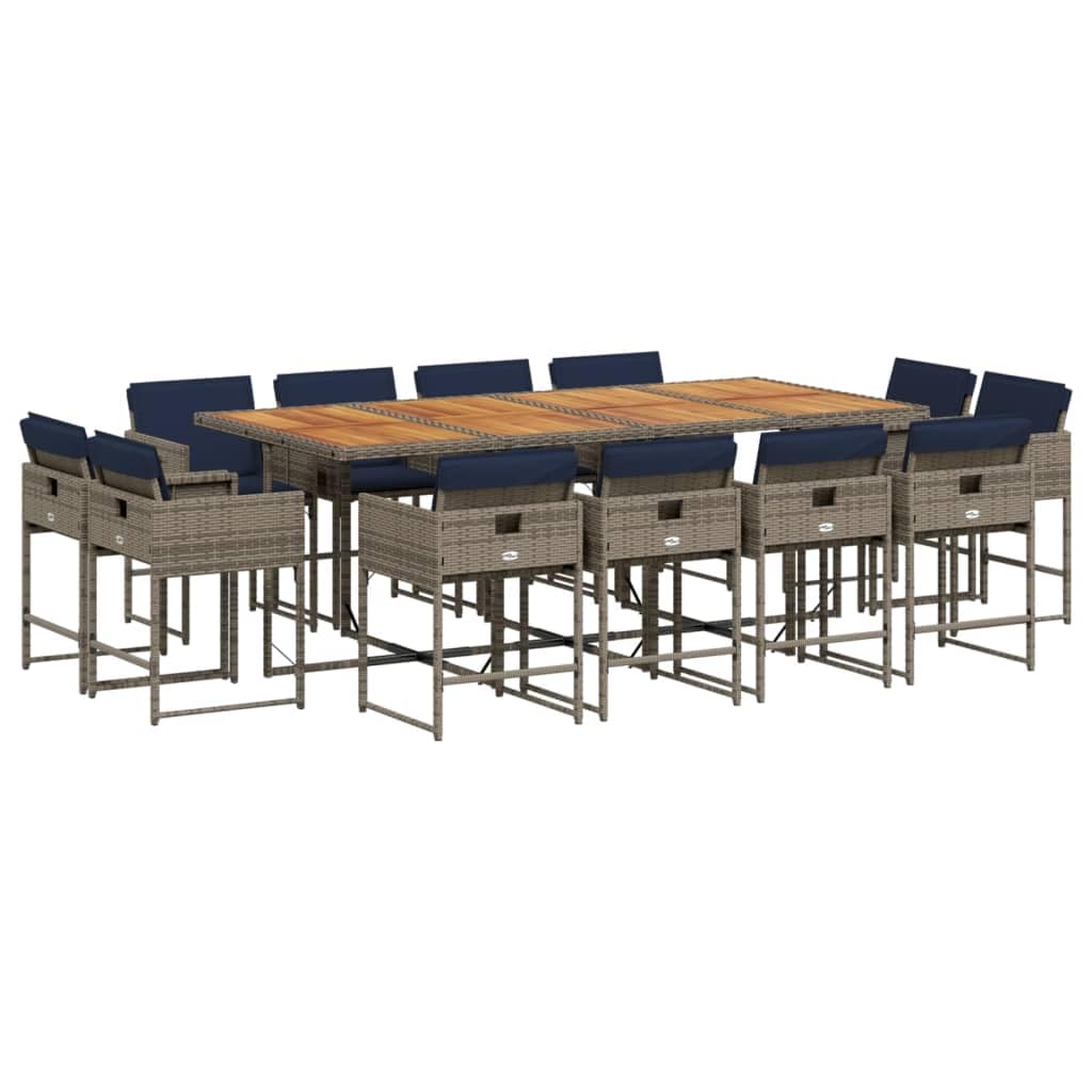 vidaXL 13 Piece Patio Dining Set with Cushions, Gray Poly Rattan, Acacia Wood Table, Navy Blue Washable Covers, Compact Storage