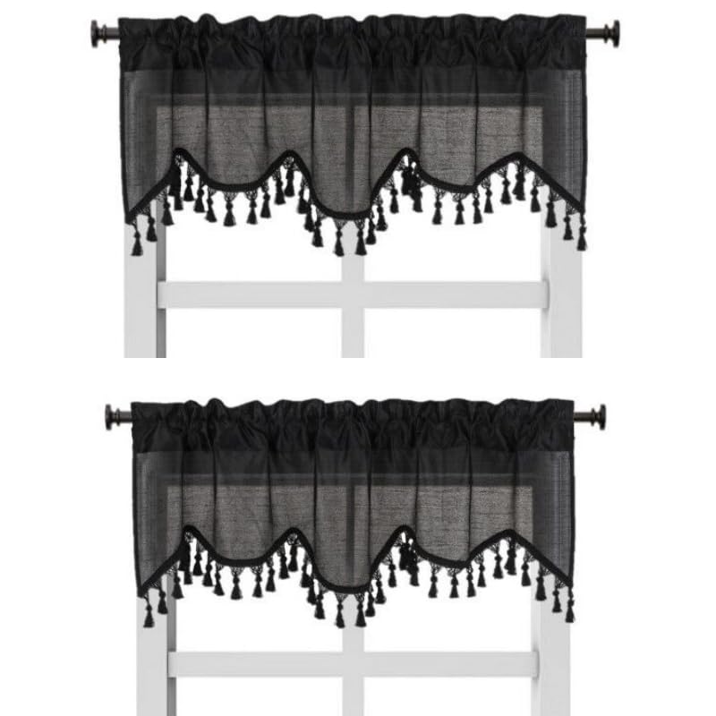 Solid Faux Silk Swag Waterfall Cascade Ascot Window Curtain Valance W/Tassels Trim 55' X18' Wave (2, Black)