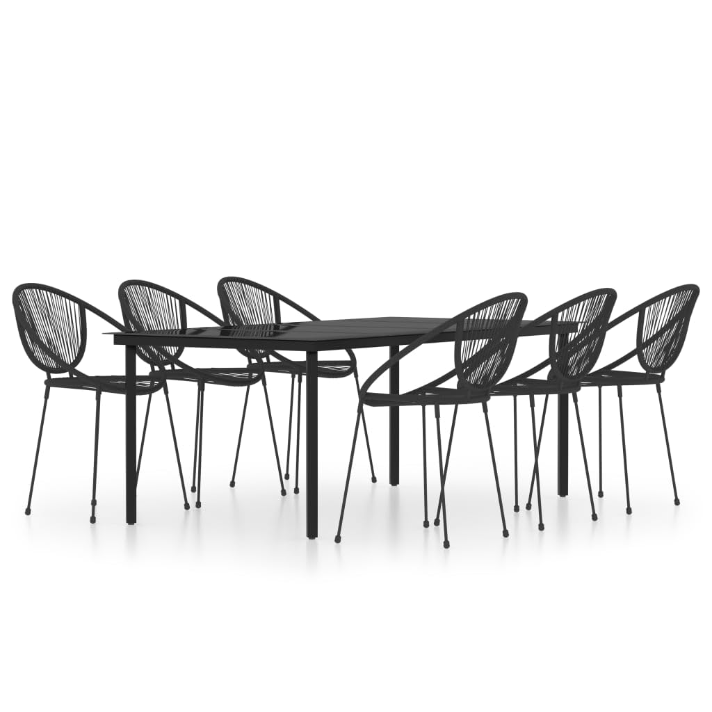 Vidaxl 7-Piece Outdoor Patio Dining Set In Black - Powder-Coated Steel Frame With Glass Tabletop And Pvc Rattan Chairs