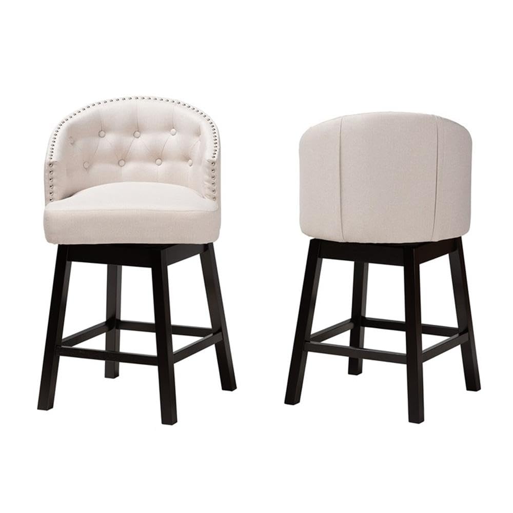 Baxton Studio Theron Mid-Century Transitional Light Beige Fabric and Espresso Brown Finished Wood 2-Piece Swivel Counter Stool Set