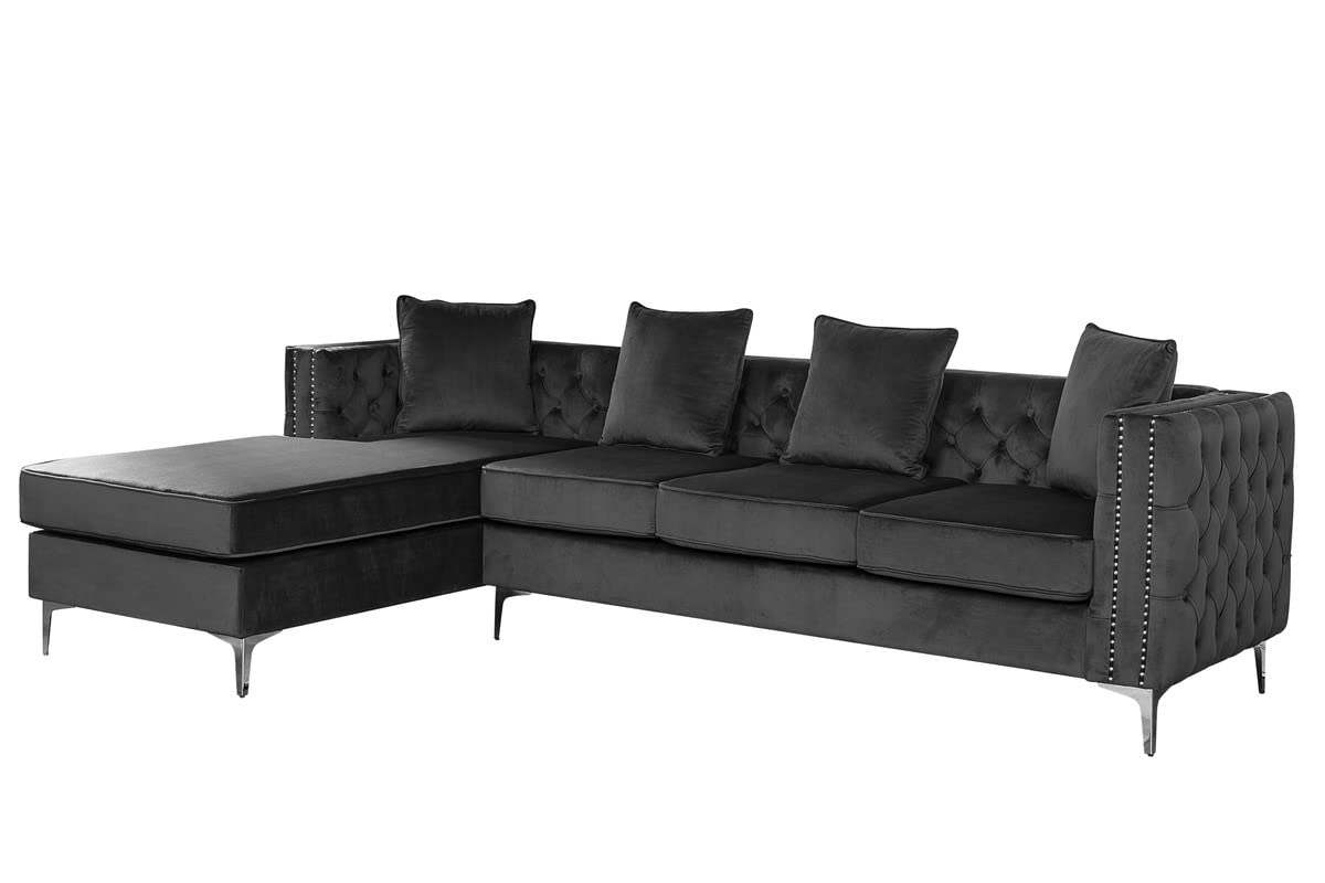 Lilola Home Ryan Deep Blue Velvet Reversible Sectional Sofa Chaise with Nail-Head Trim