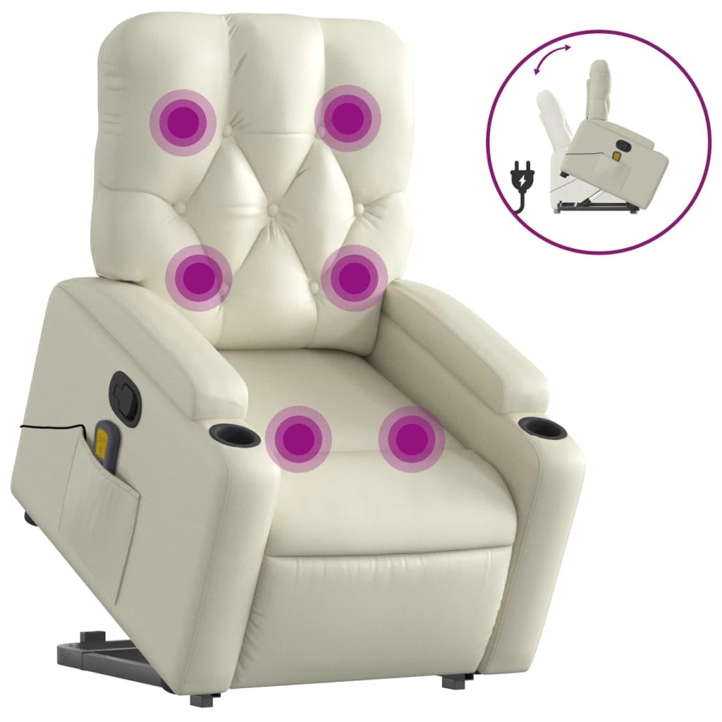 vidaXL Cream Faux Leather Stand Up Massage Recliner Chair - Manual Tilt, Electric Power Lift, Vibration Massage, Cup Holders for