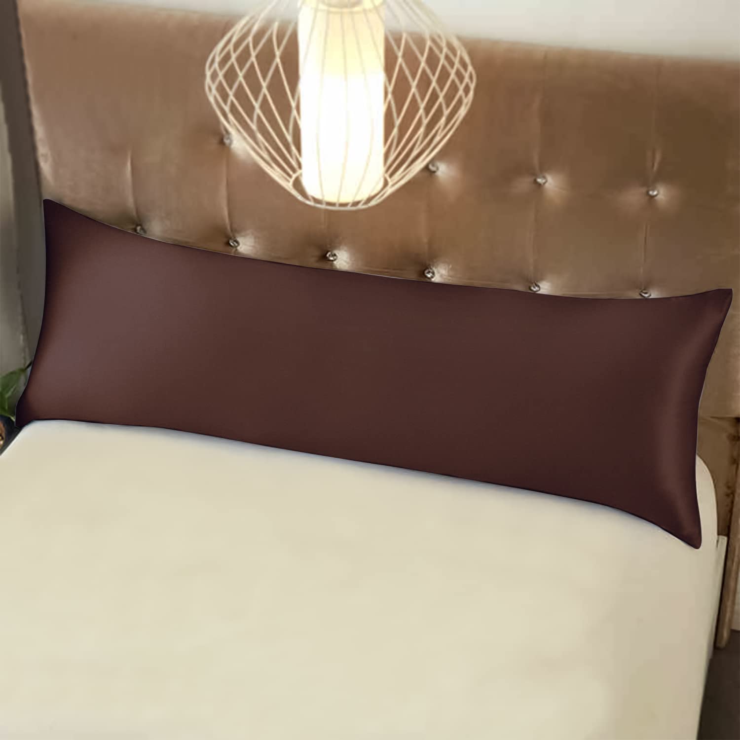 Ntbay Zippered Satin Body Pillow Pillowcase, Silky Slip Cooling Body Pillow Cover, Long Side Hidden Zipper, 20X54 Inches, Dark Brown