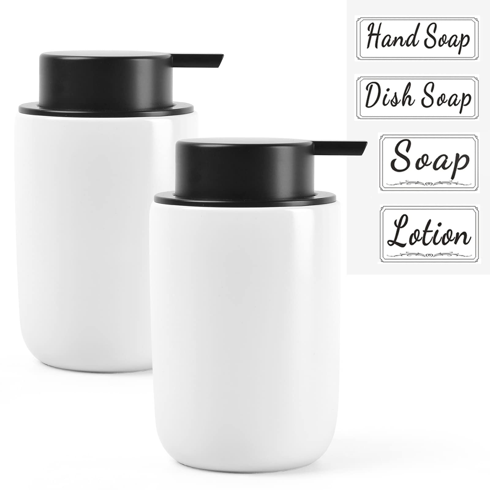 BosilunLife White Soap Dispenser Set - 2 Pack 12oz Ceramic Dish Soap Dispenser with Rust Proof Pump for Kitchen, Hand Soap and L