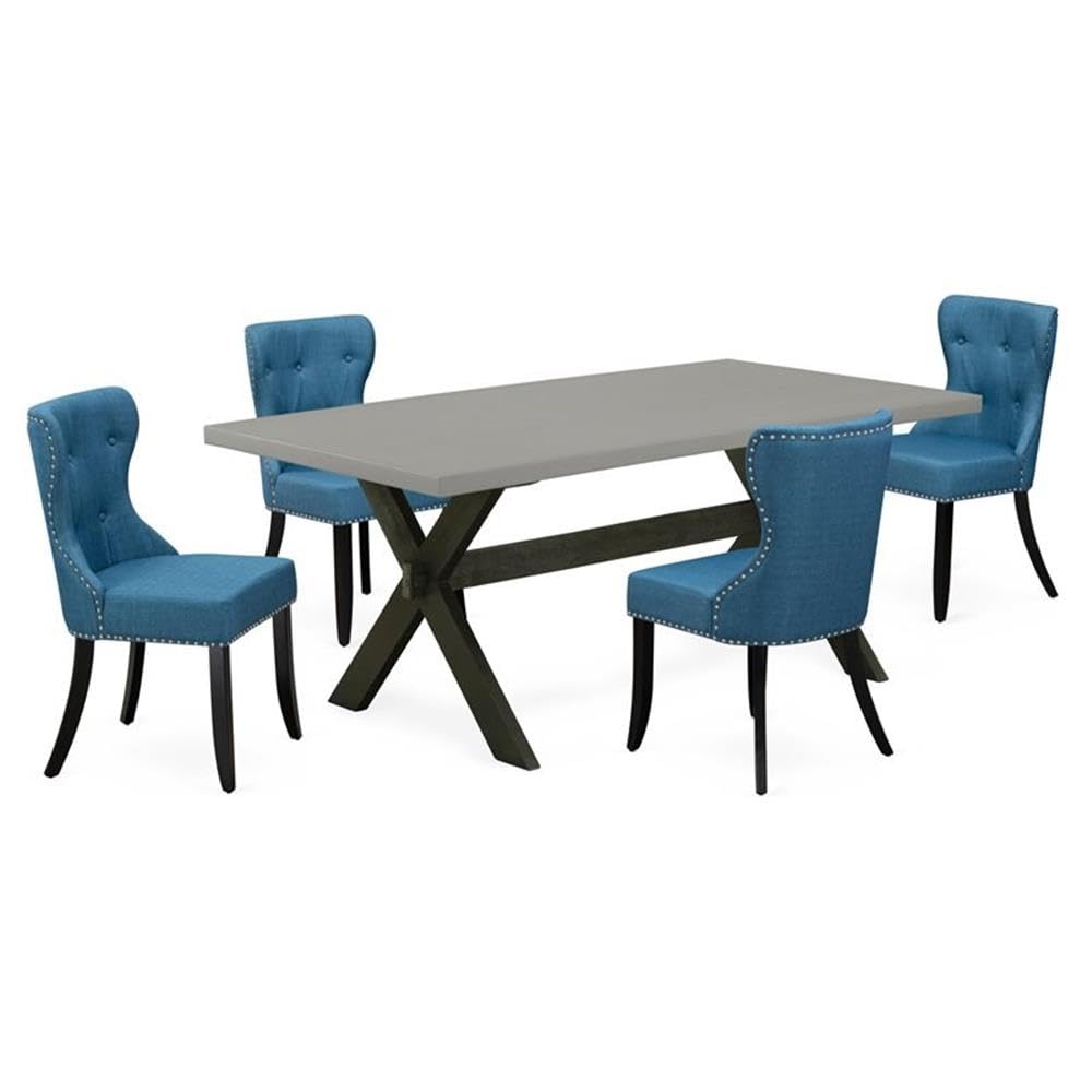 East West Furniture X697Si121-5 5 Piece Dining Room Furniture Set Includes A Rectangle Dining Table With X-Legs And 4 Blue Linen Fabric Parsons Chairs, 40X72 Inch, Multi-Color