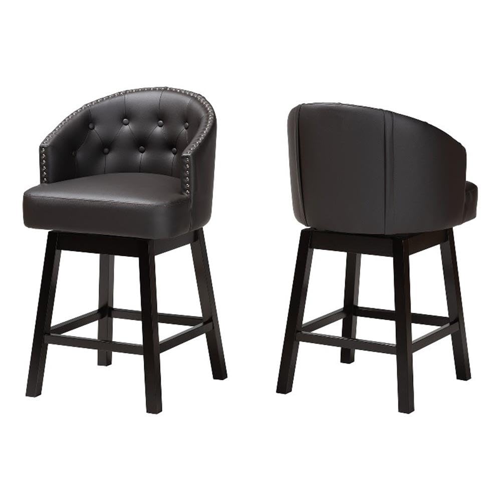 Baxton Studio Theron Mid-Century Transitional Dark Brown Faux Leather And Espresso Brown Finished Wood 2-Piece Swivel Counter Stool Set