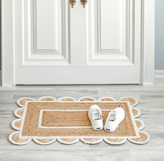 Jute Door Mat with Scalloped White Border, Natural and White, Rectangular Entryway Rug Natural Fiber Scallop Rug Rustic Vintage 