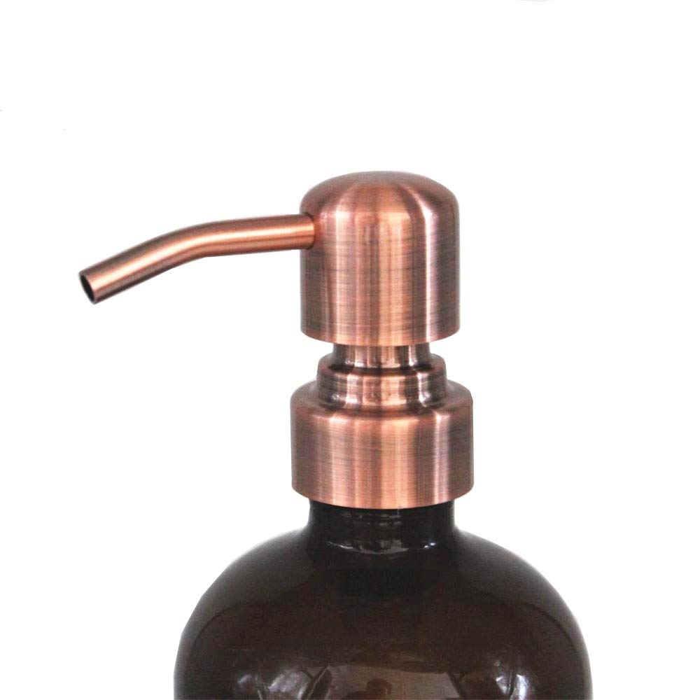 2 Pack Thick Amber Glass Pint Jar Soap Dispenser With Copper Stainless Steel Pump, 16Ounce Boston Round Bottles Dispenser With R