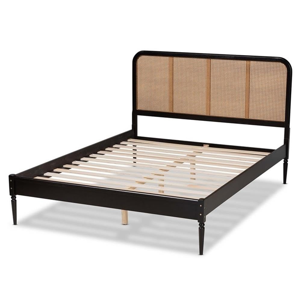 Baxton Studio Elston Mid-Century Modern Charcoal Finished Wood and Synthetic Rattan Queen Size Platform Bed