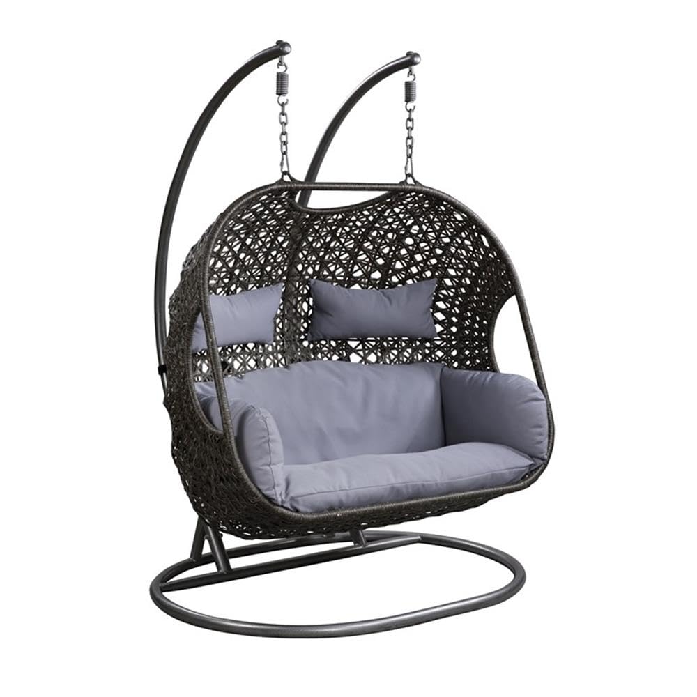 Acme Vasant Outdoor Patio Hanging Chair with Stand in Gray Fabric and Wicker