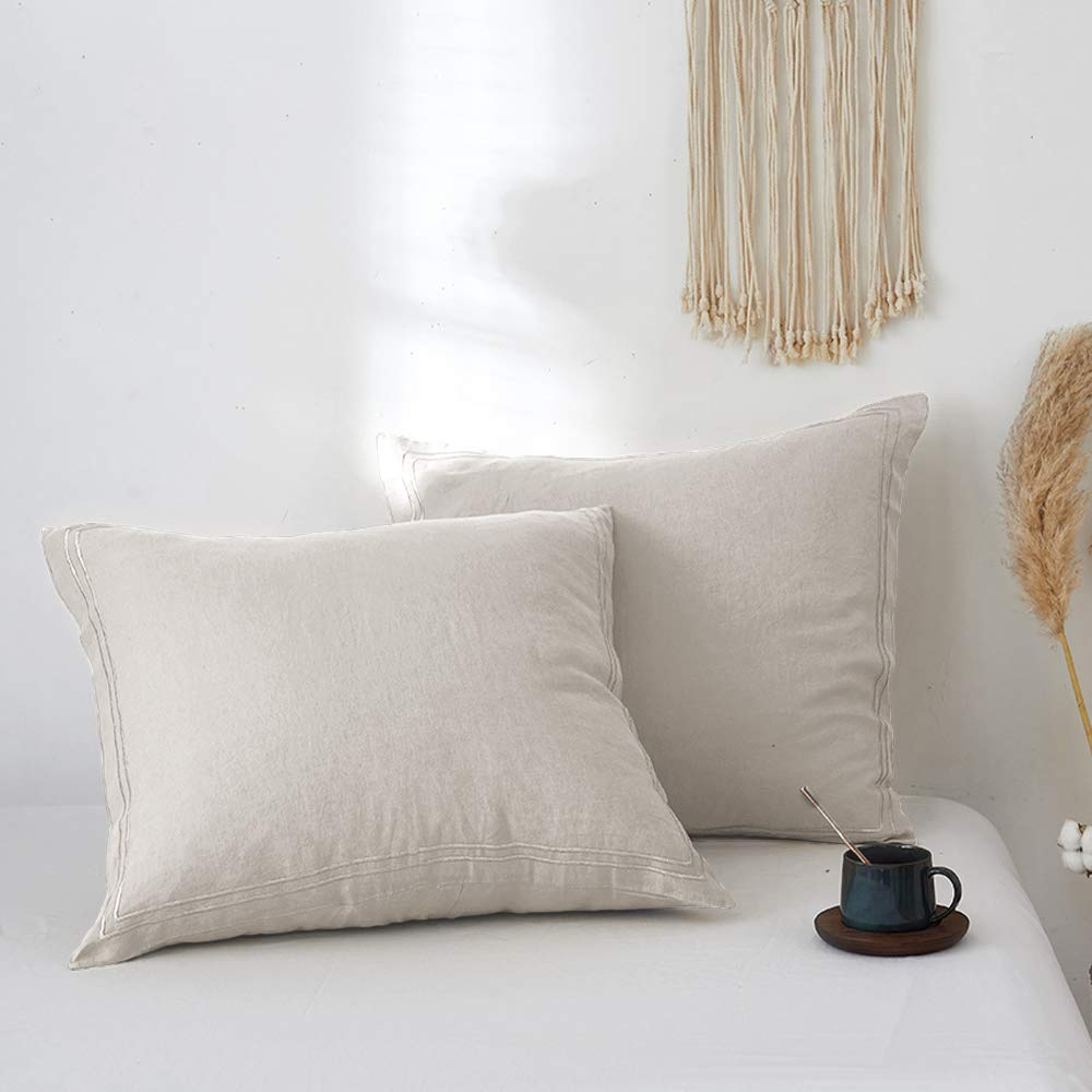 Simple&Opulence 100% French Linen Euro Shams With Embroidery (26'' X 26'') - Pack Of 2 - Pre Washed Solid Color Natural Flax Soft Breathable - Linen