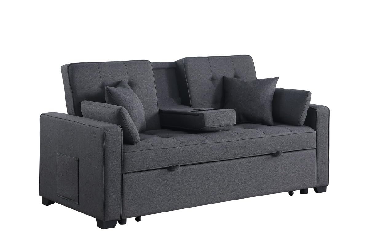 Lilola Home Cody II 69.5" W Dark Gray Linen Convertible Sleeper Loveseat with Cup Holder, Charging Ports and Pocket