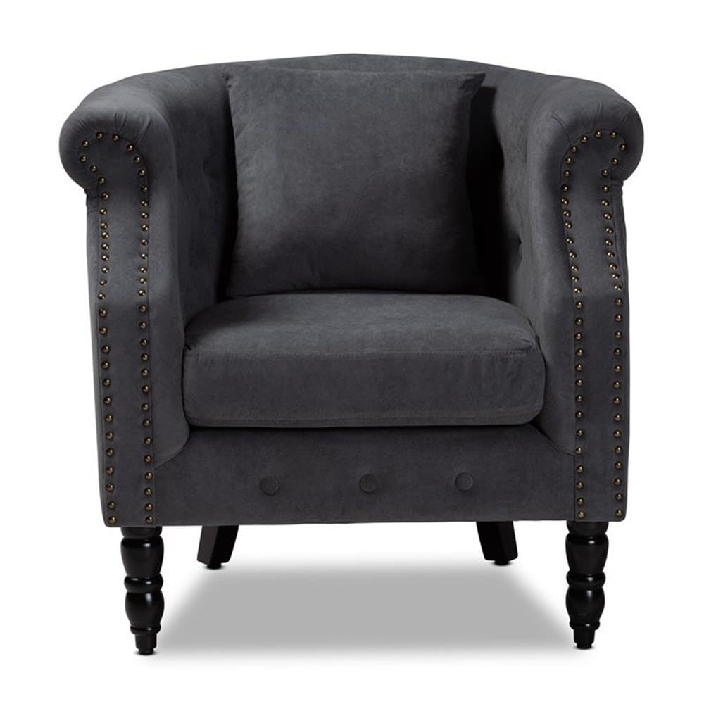 Baxton Studio Renessa Grey Velvet and Dark Brown Finished Wood Armchair