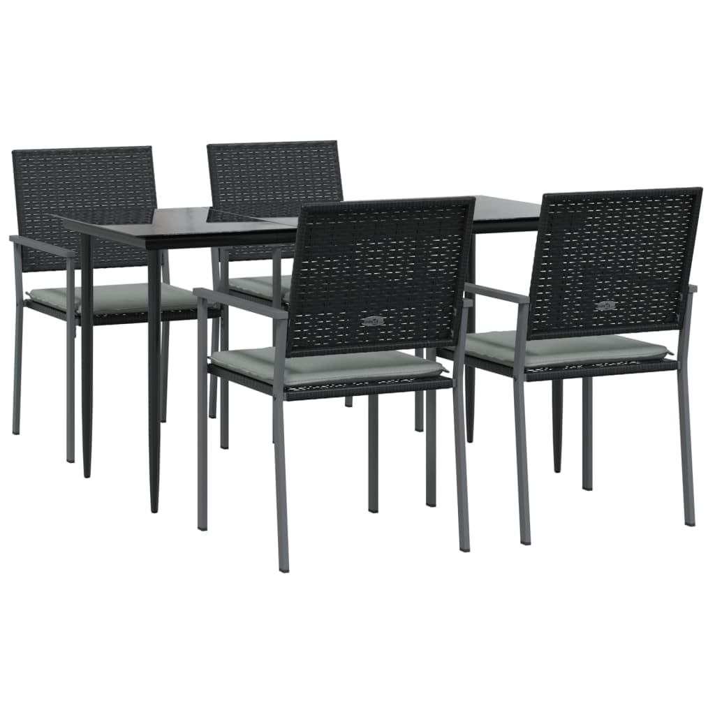 vidaXL 5-Piece Patio Dining Set, Outdoor Furniture with Comfortable Cushions and Tempered Glass Tabletop, PE Rattan and Steel Materials, Black and Light Gray Tones