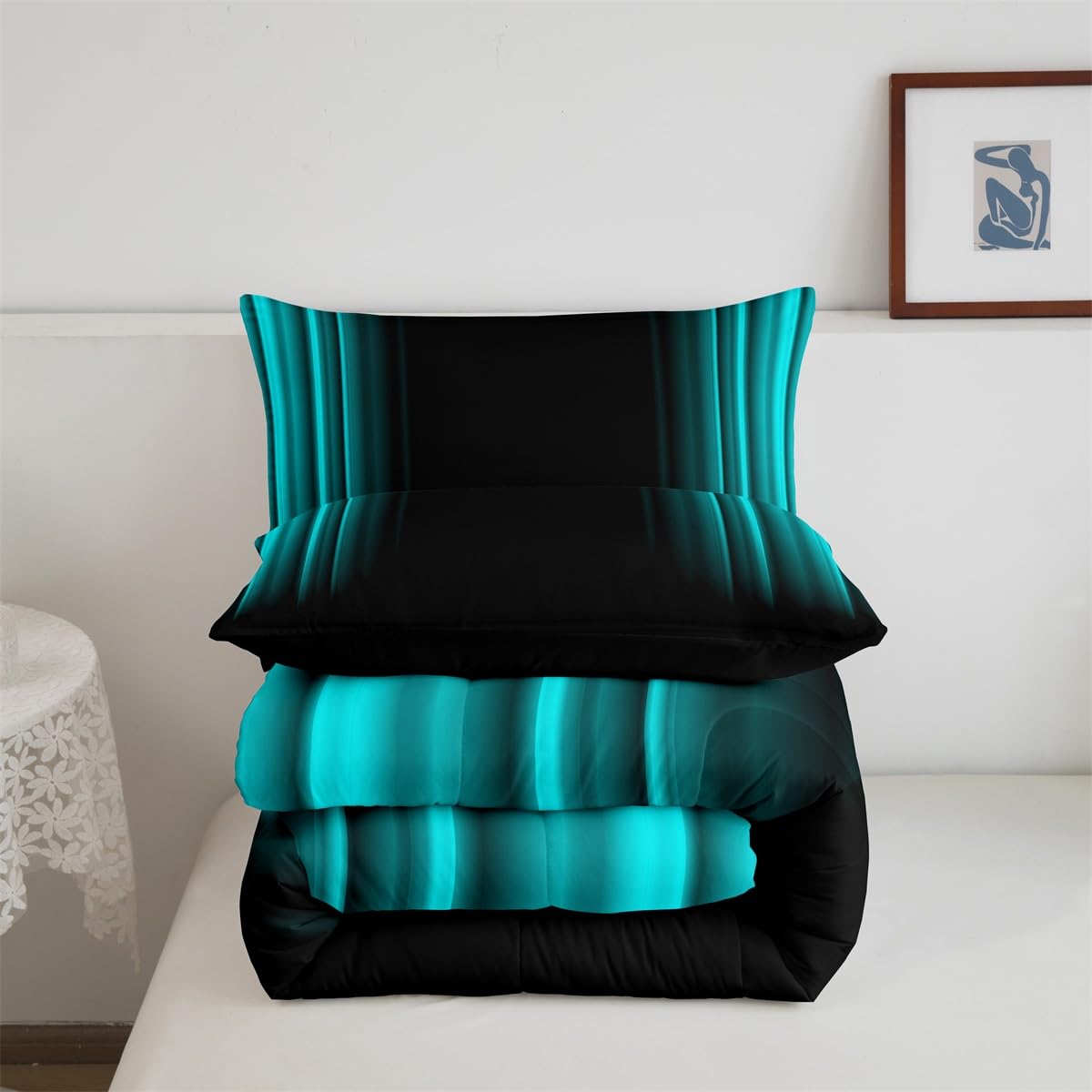 Geometric Abstract Ombre Comforter Set Kids Teens Teal And Black Striped Bedding Bed Set Decor Modern Fashion Comforter Inner Fill Bedroom Collection 3Pcs Queen Size