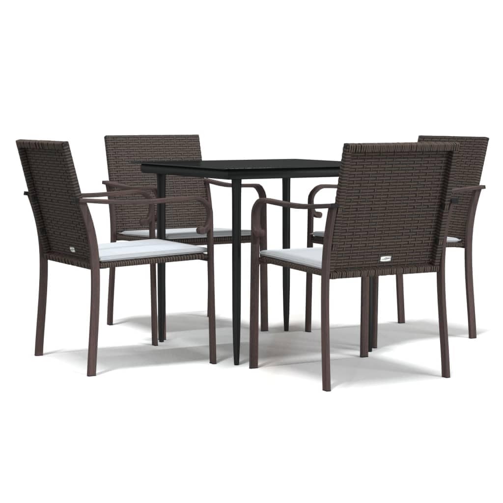 vidaXL Garden Dining Set with Cushions - 5 Pieces, Poly Rattan and Steel, Tempered Glass Tabletop, Brown Chairs and Cream White Cushions for Patio, Deck, Outdoor Living Space