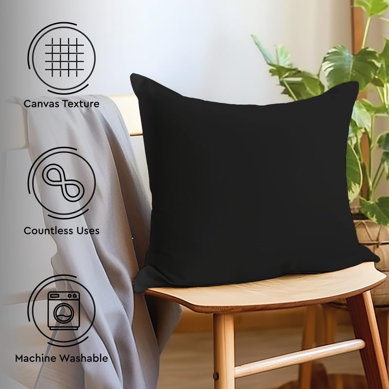 Cotton Canvas Throw Pillow Covers By Encasa Pack Of 2 Black 26'X26' No Insert With Hidden Zipper | Decorative Cushion Covers F