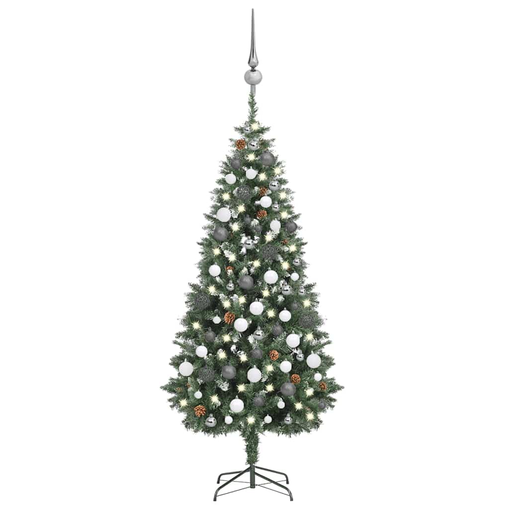 Vidaxl Artificial Prelit Christmas Tree  70.9 Inch  Xmas Pine Tree With Led Lights, Pine Cones, Balls  Green/White