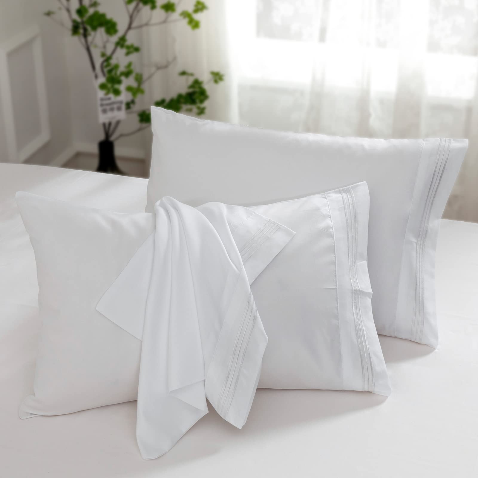 Aormenzy Microfiber Pillow Cases - Standard Size Set Of 2-1800 Thread Count Ultra Soft White Pillowcases - Wrinkle Resistant Pil