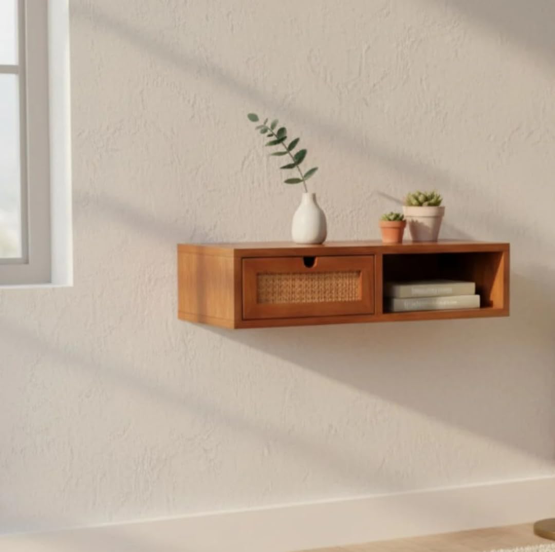 IThree Wall Mounted Floating Shelf with Drawer, Wood, Rattan Woven Panel, Open Storage Compartment