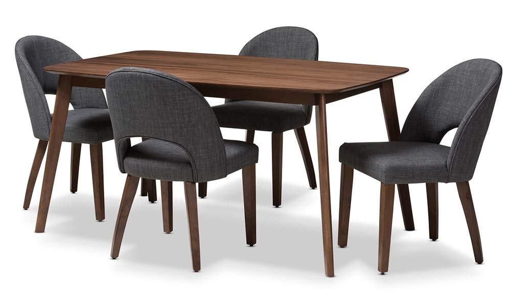 Baxton Studio Wesley Mid-Century Modern Dark Grey Fabric Upholstered Walnut Finished Wood 5-Piece Dining Set