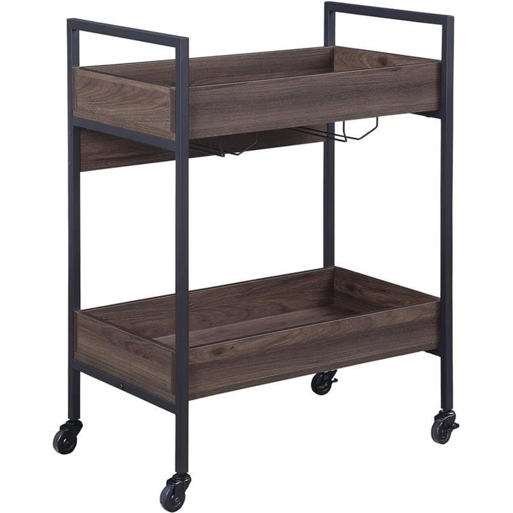 Acme Jerrick Wooden Serving Cart with 2 Shelves in Walnut and Black