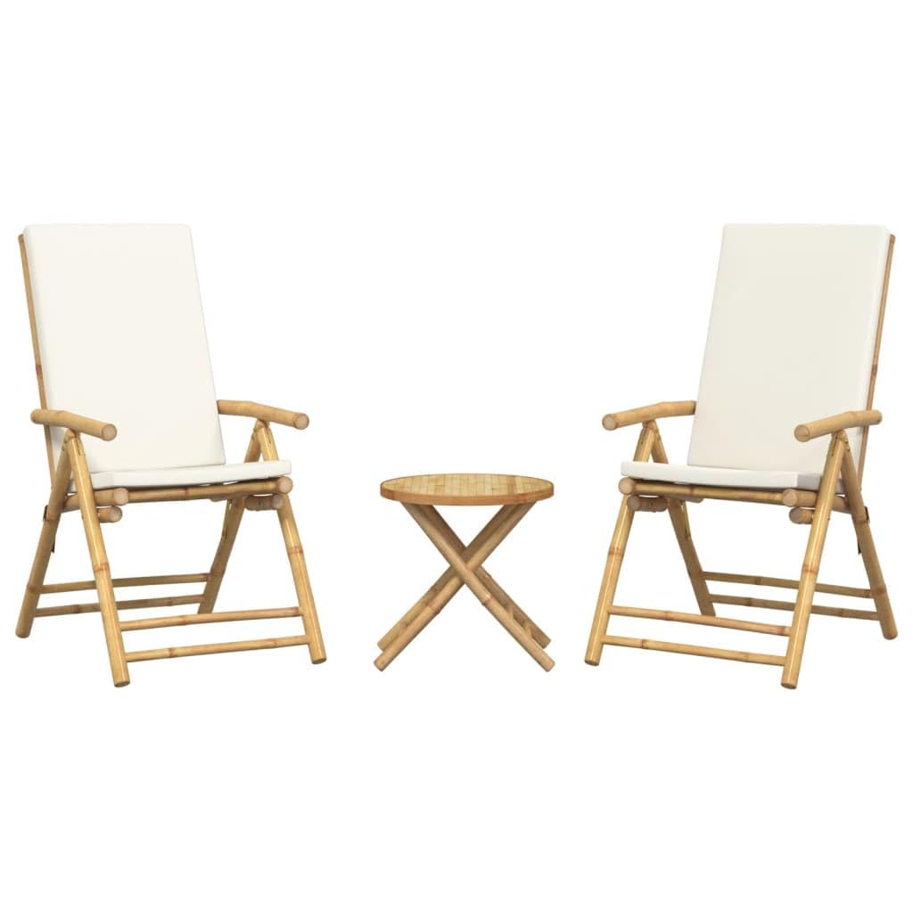 vidaXL 3 Piece Folding Bamboo Bistro Set with Cream White Cushions, Removable and Washable Covers, Foldable Design, for Patio, Backyard, Balcony